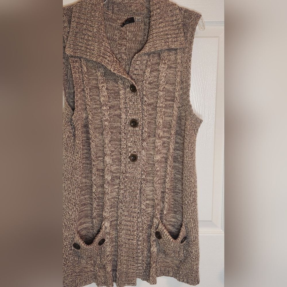 Fylo London XL Brown Cable Knit Pockets Buttons Up Women's Cardigan Vest